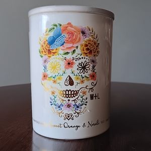 New W+L Jar Candle Sweet Orange & Neroli Scent Skull Flowers White Gold 16 Ounce
